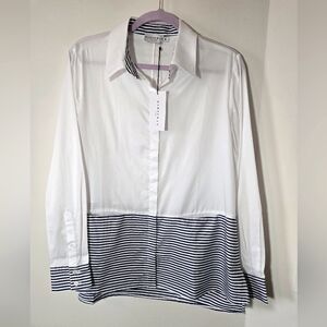 Harshman L.A. Azur, White Tunic Cotton Blouse Navy Stripes, Size Medium, NWT